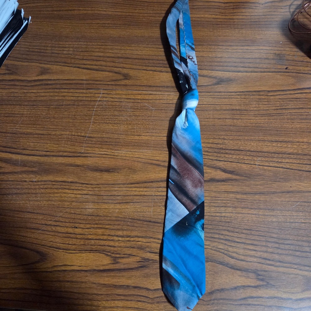 Beatrice Blue Abstract Art Print Silk Necktie Artistic Hand Stitched Detail